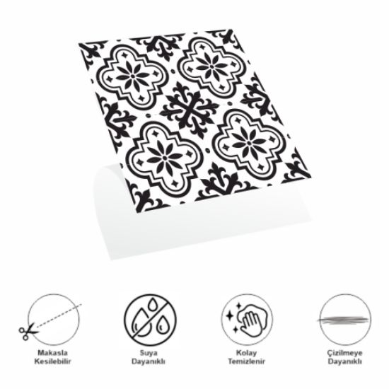 30x30 Cm Pvc Yer Karosu 4'lü Paket - Siyah Beyaz Çini Desen resmi