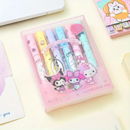 6'lı Fosforlu Kalem Seti - Sanrio Karakterleri, Kuromi, Hello Kitty  resmi