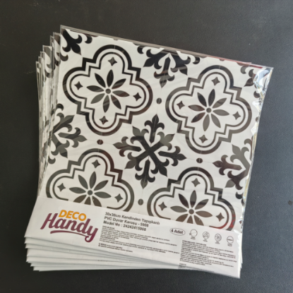 30x30 Cm Pvc Yer Karosu 4'lü Paket - Siyah Beyaz Çini Desen resmi