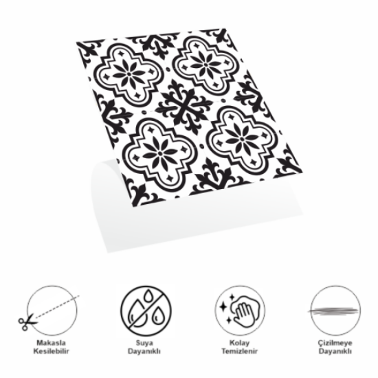30x30 Cm Pvc Yer Karosu 4'lü Paket - Siyah Beyaz Çini Desen resmi