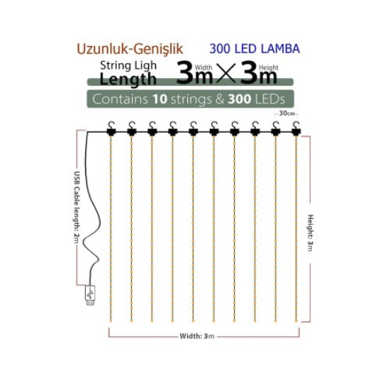  8 Fonksiyonlu Peri Perde Led Uzaktan Kumandalı Günışığı Perde Peri Led (3 mt x 3 mt) resmi