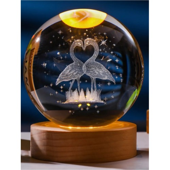 Ahşap Tabanlı LED Işıklı Flamingo Figürlü Kristal Küre resmi