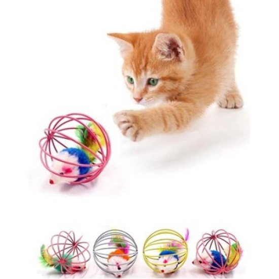 Kafesli Renkli Fareli Kedi Köpek Oyun Topu 6 cm resmi