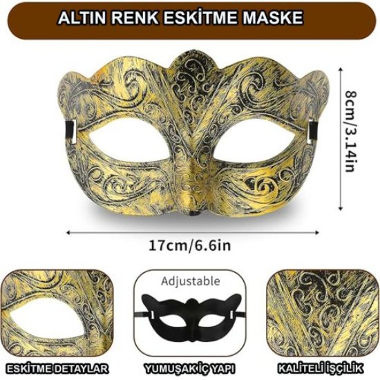 Altın Renk Eskitme Balo Maskesi – Venedik Tarzı Parti Maskesi resmi