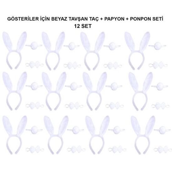 Beyaz Tavşan Kostüm Seti – Taç, Papyon, Kuyruk (12’li Paket) resmi