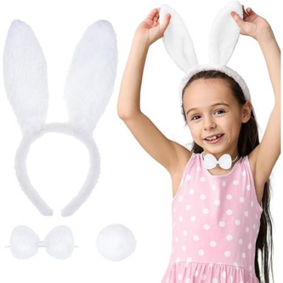 Beyaz Tavşan Kostüm Seti – Taç, Papyon, Kuyruk (12’li Paket) resmi