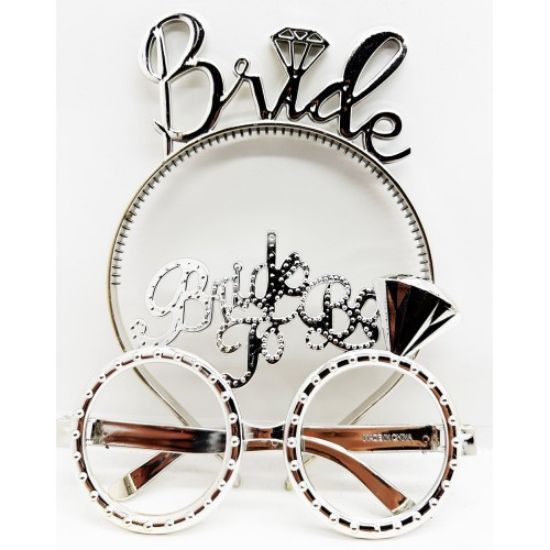 Bride Yazılı Taç ve Bride To Be Yazılı Gözlük Seti Gümüş Renk  resmi