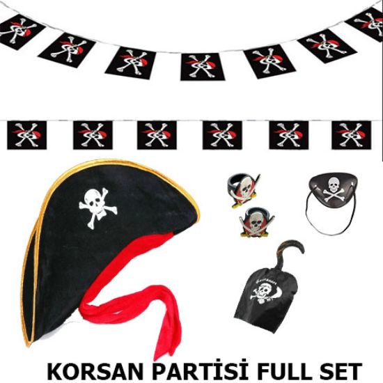 Çocuk Korsan Şapkası + Kancası + Göz Bandı + 2 Adet Yüzük + Afiş Seti  resmi