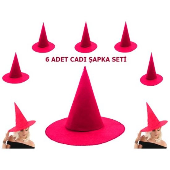 Fuşya Renk Keçe Cadı Şapkası 6 Adet resmi
