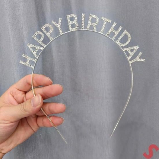 Gümüş Kristal Taşlı Happy Birthday Tacı resmi