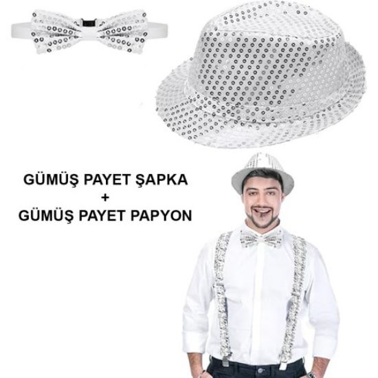 Gümüş Payetli Şapka ve Papyon Seti – Parıltılı Yetişkin Kostüm Seti resmi