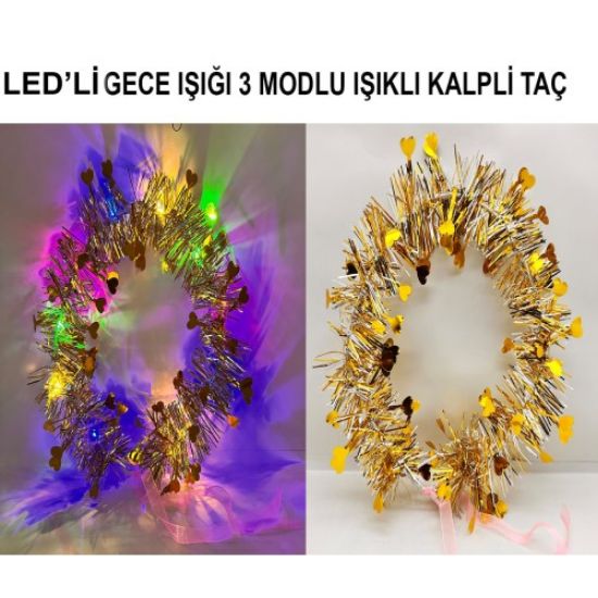 Kalp Püsküllü 3 Modlu LED Işıklı Taç Altın Renk resmi