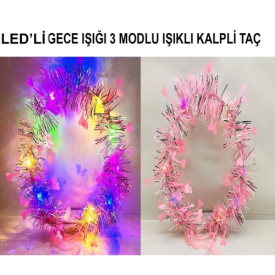 Kalp Püsküllü 3 Modlu LED Işıklı Taç Pembe Renk resmi