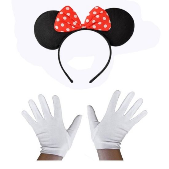Kırmızı Fiyonklu Minnie Mouse Tacı ve Beyaz Eldiven Seti resmi