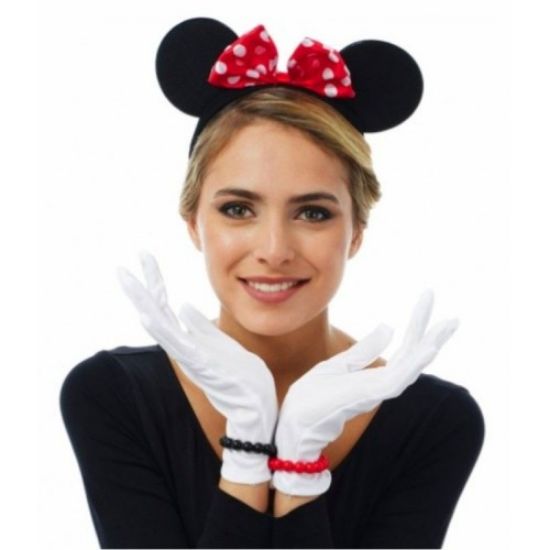 Kırmızı Fiyonklu Minnie Mouse Tacı ve Beyaz Eldiven Seti resmi