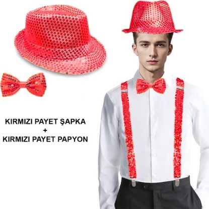 Kırmızı Payetli Şapka ve Papyon Seti – Parıltılı Yetişkin Kostüm Seti resmi