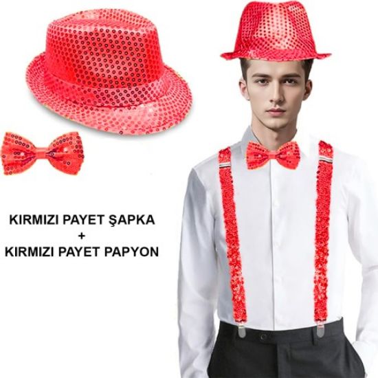 Kırmızı Payetli Şapka ve Papyon Seti – Parıltılı Yetişkin Kostüm Seti resmi