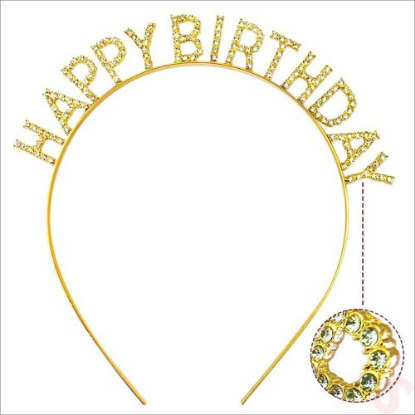 Altın Gold Renk Kristal Taşlı Parlak Happy Birthday Taç resmi