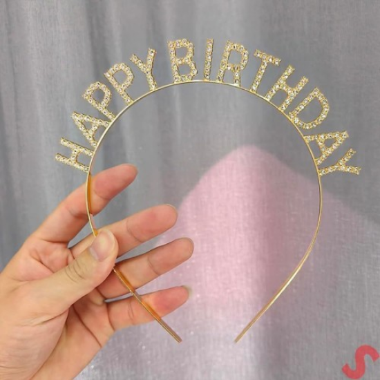 Altın Gold Renk Kristal Taşlı Parlak Happy Birthday Taç resmi