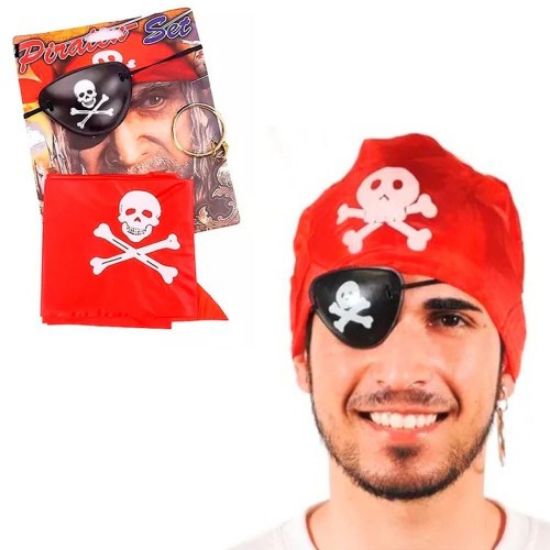 Korsan Bandana, Göz Maskesi ve Küpe 3'lü Kostüm Seti resmi