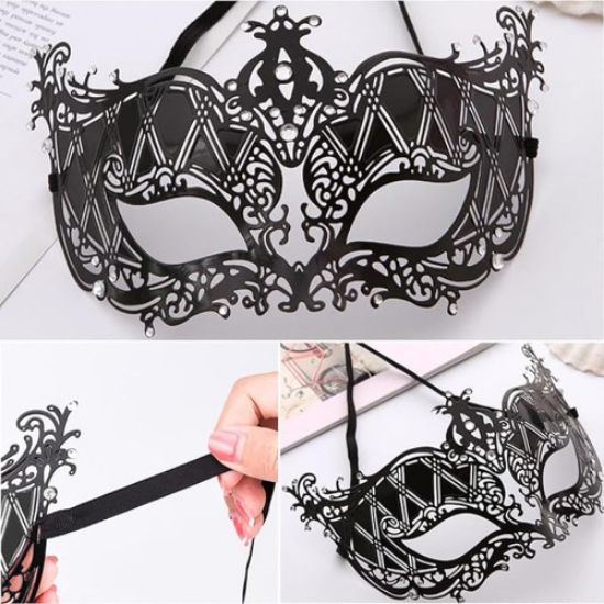 Kristal Gümüş Taşlı Siyah Lazer Kesim Metal Lüks Maske resmi