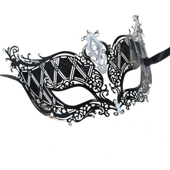Kristal Gümüş Taşlı Siyah Lazer Kesim Metal Lüks Maske resmi