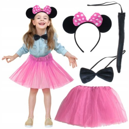 Minnie Kostüm Seti (Pembe Tütü Etek + Pembe Taç + Papyon + Kuyruk) resmi