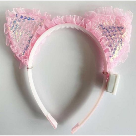 Pembe Pullu Led Işıklı Kedi Kulak Taç resmi