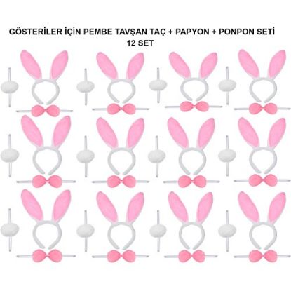 Pembe Tavşan Kostüm Seti – Taç, Papyon, Ponpon (12’li Paket) resmi