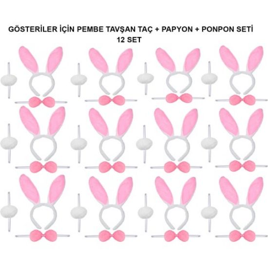 Pembe Tavşan Kostüm Seti – Taç, Papyon, Ponpon (12’li Paket) resmi