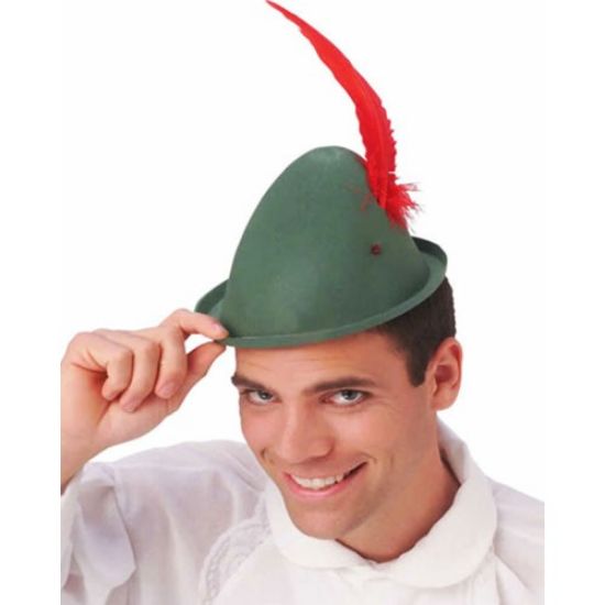 Peter Pan Şapkası Yeşil Renk Kırmızı Tüylü  resmi