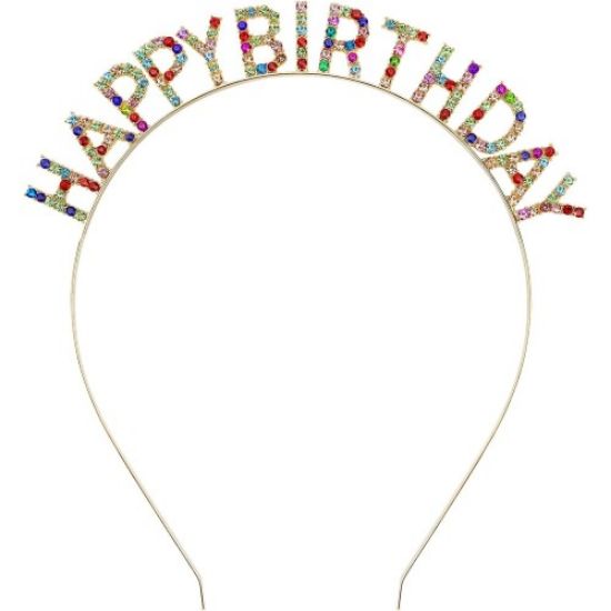 Renkli Kristal Taşlı Lüks Happy Birthday Taçı resmi