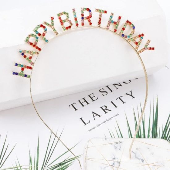 Renkli Kristal Taşlı Lüks Happy Birthday Taçı resmi