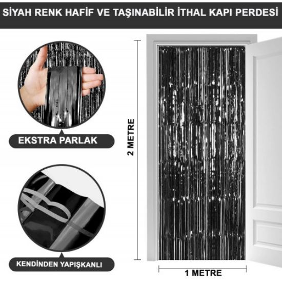 Siyah Ekstra Metalize Parlak Saçaklı Arka Fon Perde resmi