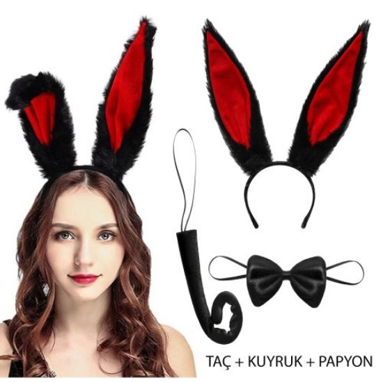 Siyah Kırmızı Peluş Tavşan Kulak Seti Yetişkin Boy resmi