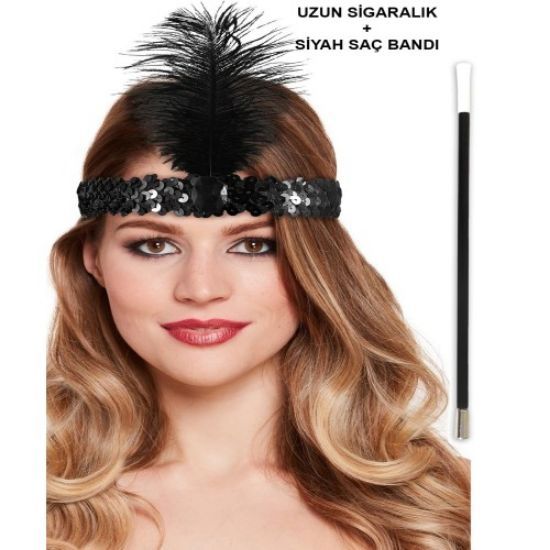 Siyah Retro Charliston Saç Bandı &amp; Sigaralık resmi