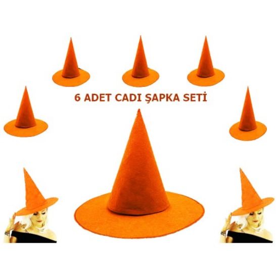 Turuncu Renk Keçe Cadı Şapkası 6 Adet resmi