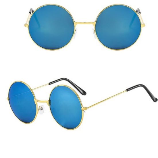 Yuvarlak Cam John Lennon Tarzı Gold Çerçeveli Mavi Gözlük resmi