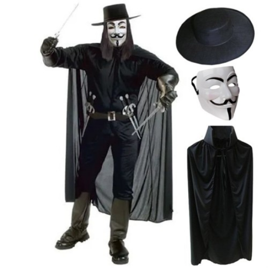 V For Vendetta Maskesi Şapka Pelerin Seti resmi