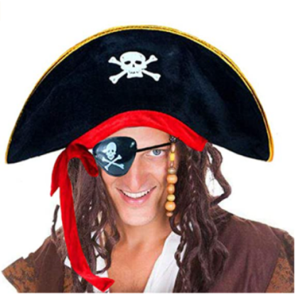Yetişkin Boy Kadife Kaptan Jack Sparrow Korsan Şapkası ve Plastik Korsan Göz Maskesi resmi