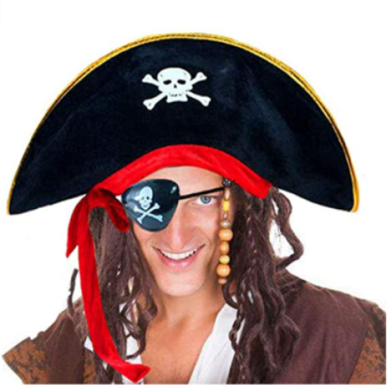 Yetişkin Boy Kadife Kaptan Jack Sparrow Korsan Şapkası ve Plastik Korsan Göz Maskesi resmi