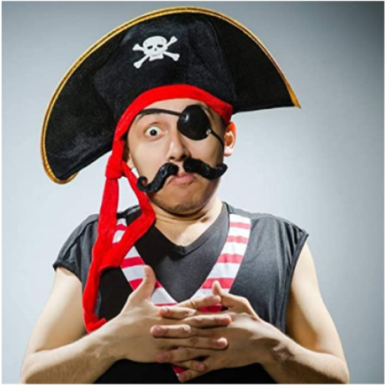 Yetişkin Boy Kadife Kaptan Jack Sparrow Korsan Şapkası ve Plastik Korsan Göz Maskesi resmi