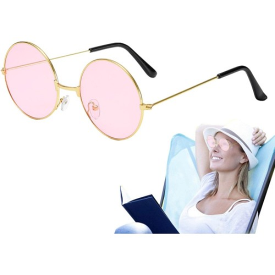 Yuvarlak Cam John Lennon Tarzı Gold Pembe Gözlük resmi