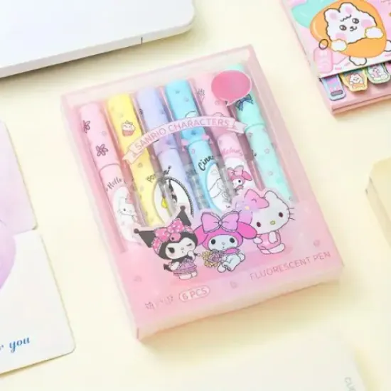 6'lı Fosforlu Kalem Seti - Sanrio Karakterleri, Kuromi, Hello Kitty  resmi