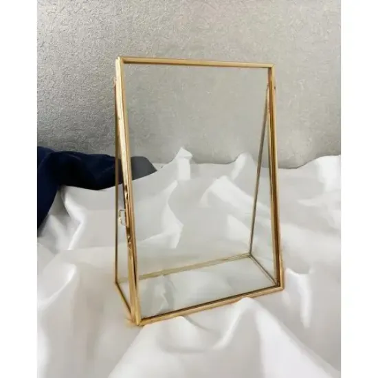  Cam Çerçevelik Gold Pirinç Brass Masaüstü Fotoğraf Çerçevesi Düğün Nişan Söz Masası  resmi