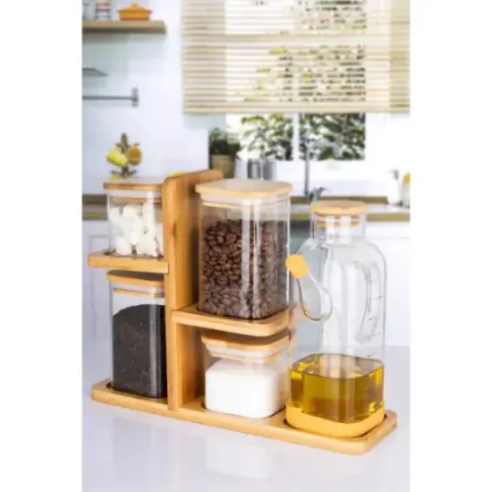 Bambu Standlı Cam Erzak ve Yağlık Seti resmi