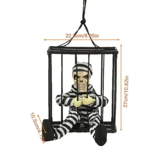Hareketli Sesli Sensörlü Mahkum Görünümlü Kuru Kafa İskelet Dekorasyon 22x27 cm resmi