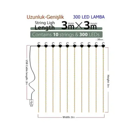  8 Fonksiyonlu Peri Perde Led Uzaktan Kumandalı Günışığı Perde Peri Led (3 mt x 3 mt) resmi