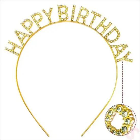 Altın Gold Renk Kristal Taşlı Parlak Happy Birthday Taç resmi