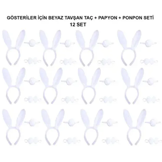 Beyaz Tavşan Kostüm Seti – Taç, Papyon, Kuyruk (12’li Paket) resmi